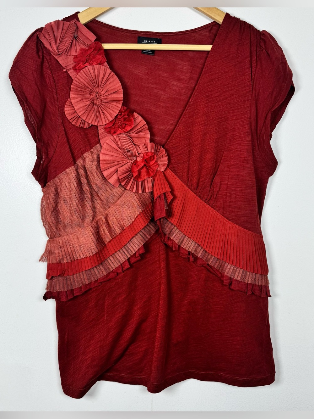Deletta Anthropologie Ruffle Top Rust Red Women’s Large Boho Tissue Cotton EUC